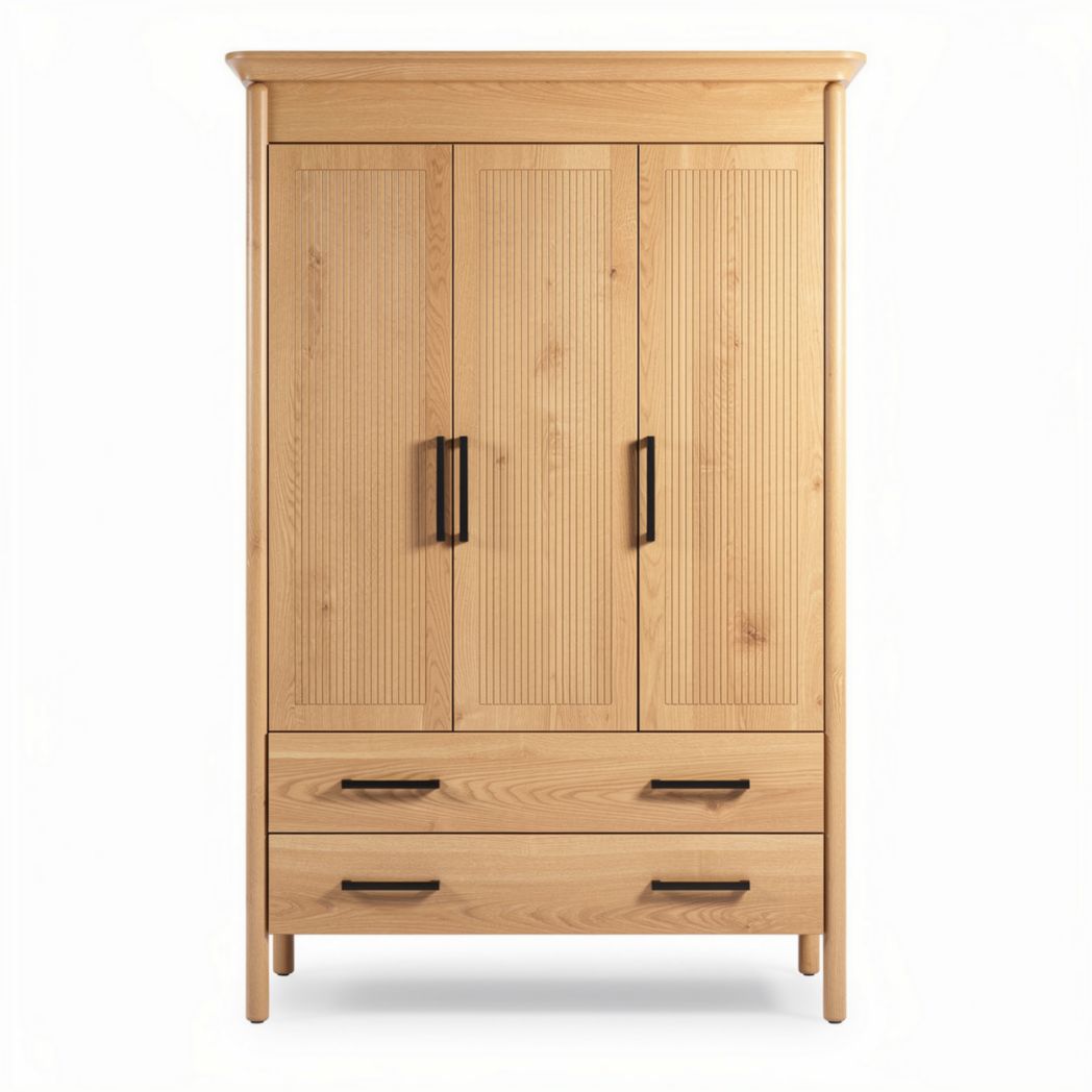 Wooden wardrobe with three doors and two drawers 80 x 40 x 180cm natural finish