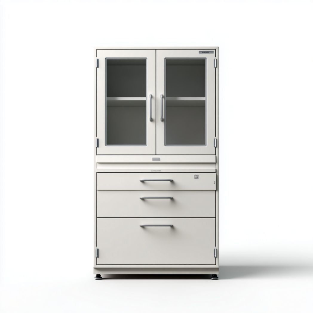 Wooden and metal rolling storage cabinet with glass door 80 x 40 x 180cm