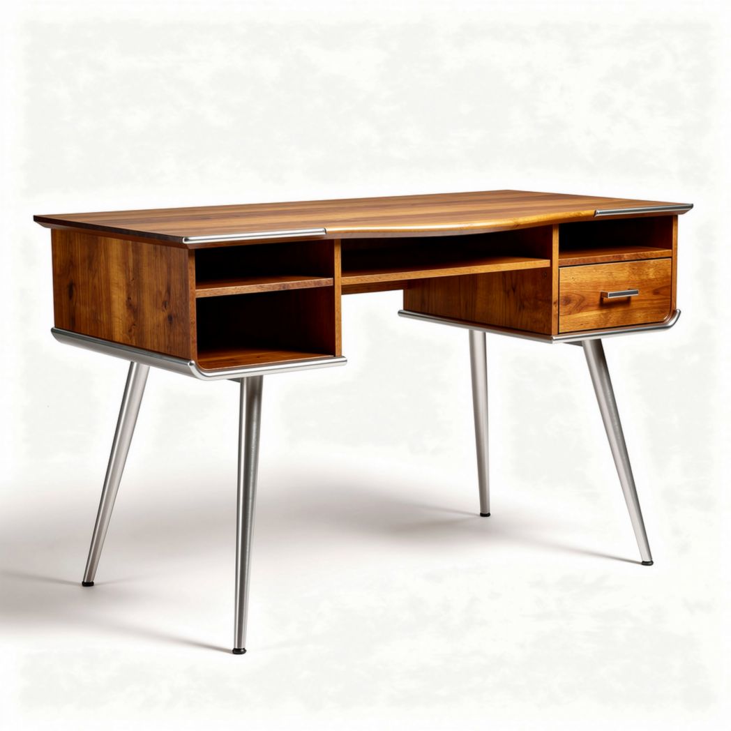 Mid-century modern wooden desk with metal legs and storage drawers 120 x 60 x 75cm