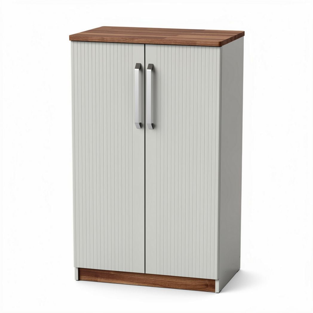 Wood top storage cabinet with gray vertical panels 80 x 40 x 120cm
