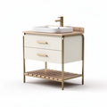 Modern bathroom vanity cabinet with wooden countertop and gold accents 70 x 45 x 90cm