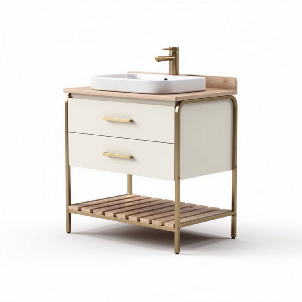 Modern bathroom vanity cabinet with wooden countertop and gold accents 70 x 45 x 90cm