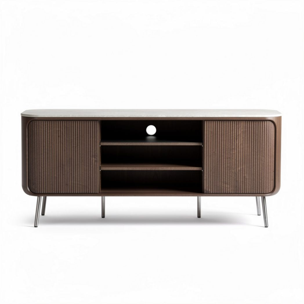 Wooden media console with white top and storage space dimensions 120 x 40 x 75cm