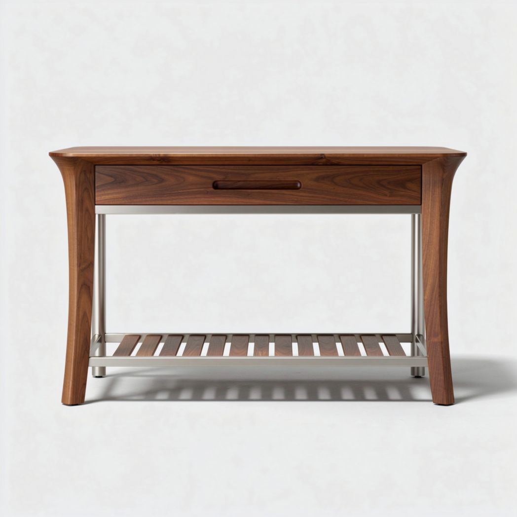 Walnut console table with stainless steel legs and storage drawer 90 x 40 x 75cm